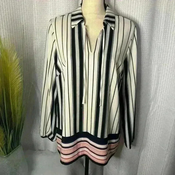 Beige By ECI Women’s Large Striped V Neck Tunic Long Sleeves Tassel Blouse - Picture 3 of 12